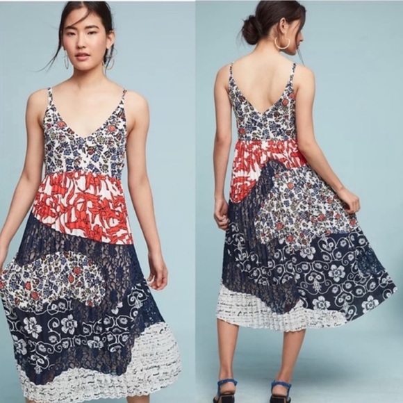 Maeve Anthropologie Isa Mixed Media Pleated Lace Red White & Blue Midi Dress - Picture 1 of 11